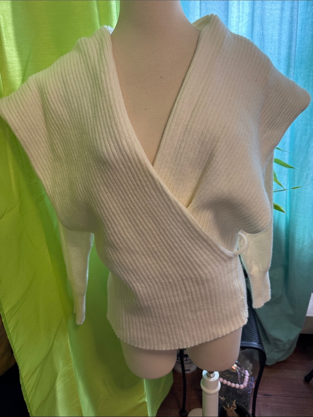 Women's Cream Ribbed Wrap Sweater - Elegant V-Neck